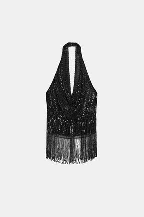 Sequin-Trimmed Halter Neck Top
