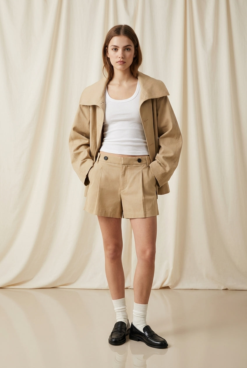 PLEATED BUTTON SHORTS