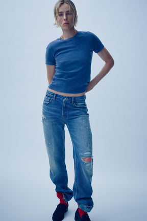 Straight-Leg Mid-Waist Ripped Jeans