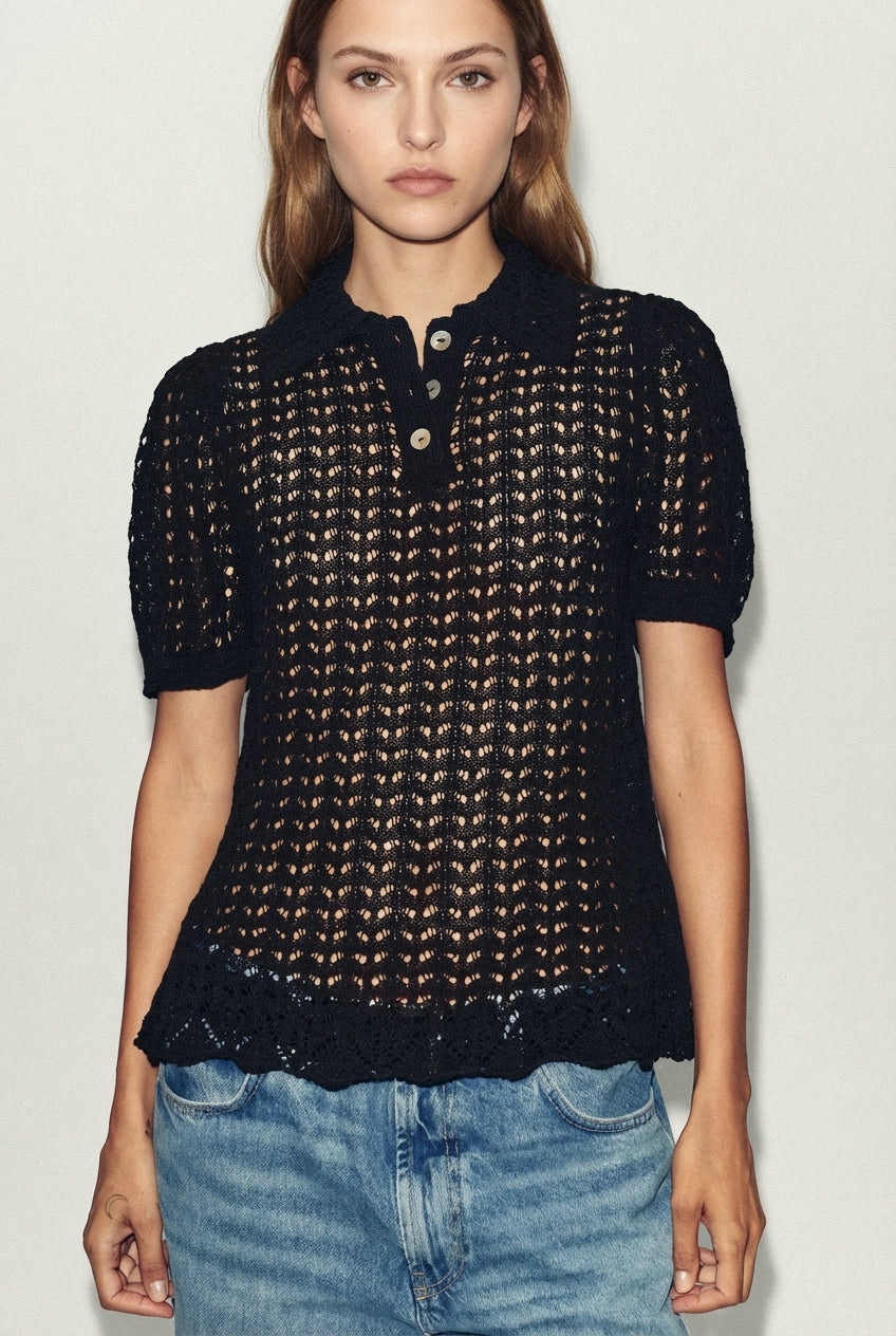 Pointelle knit polo shirt