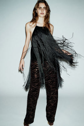 VELVET FRINGED HALTER NECK