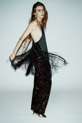 VELVET FRINGED HALTER NECK