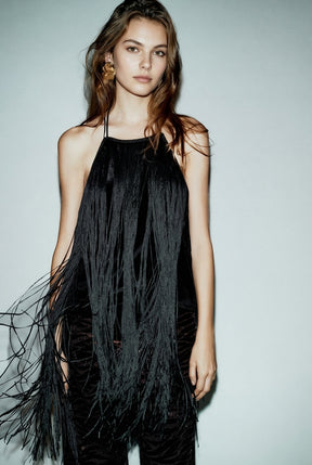 VELVET FRINGED HALTER NECK