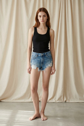 Denim mid-waist ripped shorts