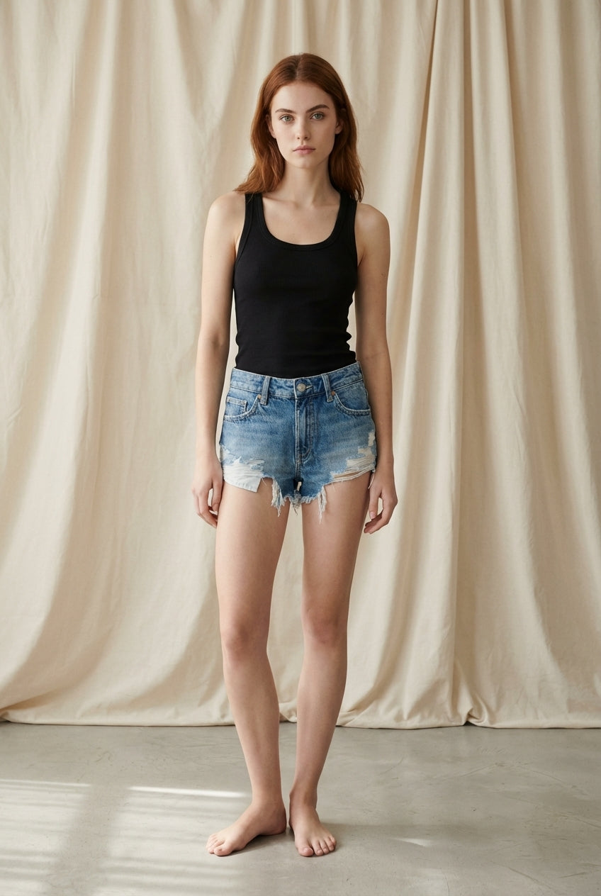 Denim mid-waist ripped shorts